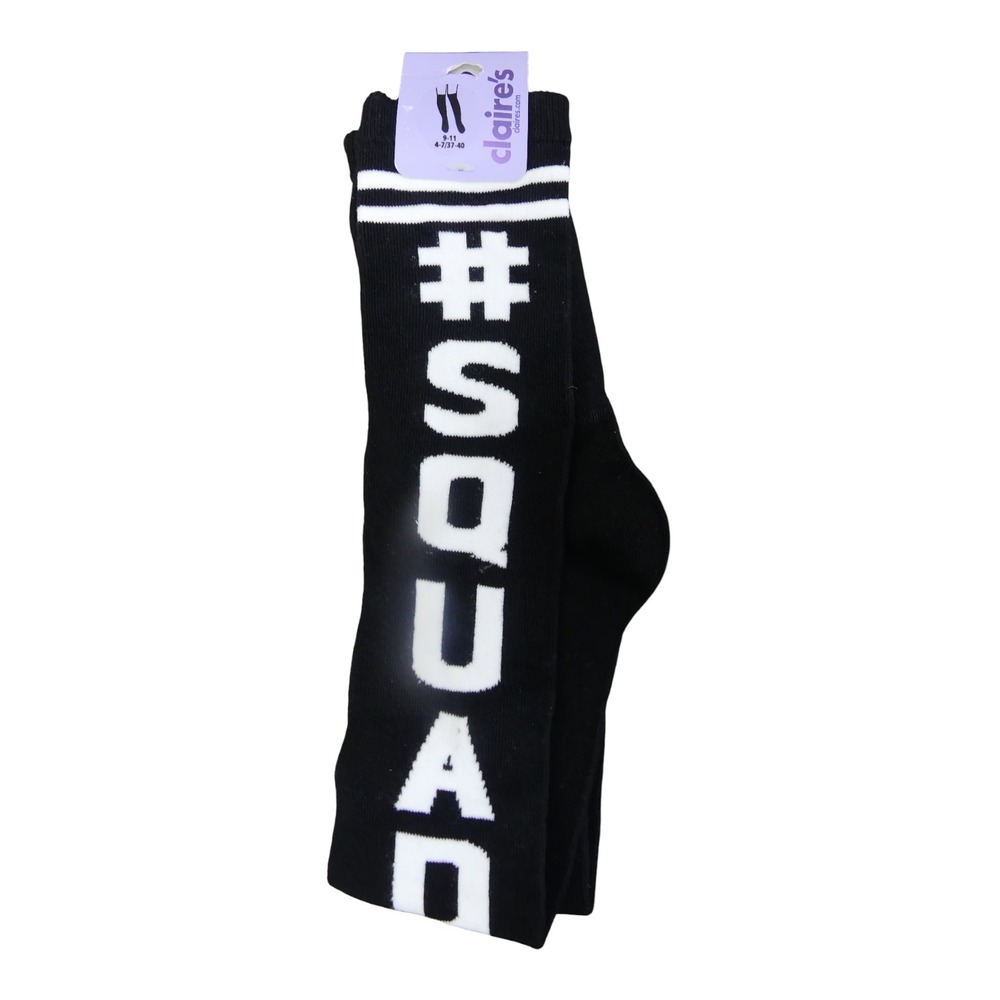 Claire's Knee High Socks Girls 9-11 Black #SQUAD Graphic Sporty Striped